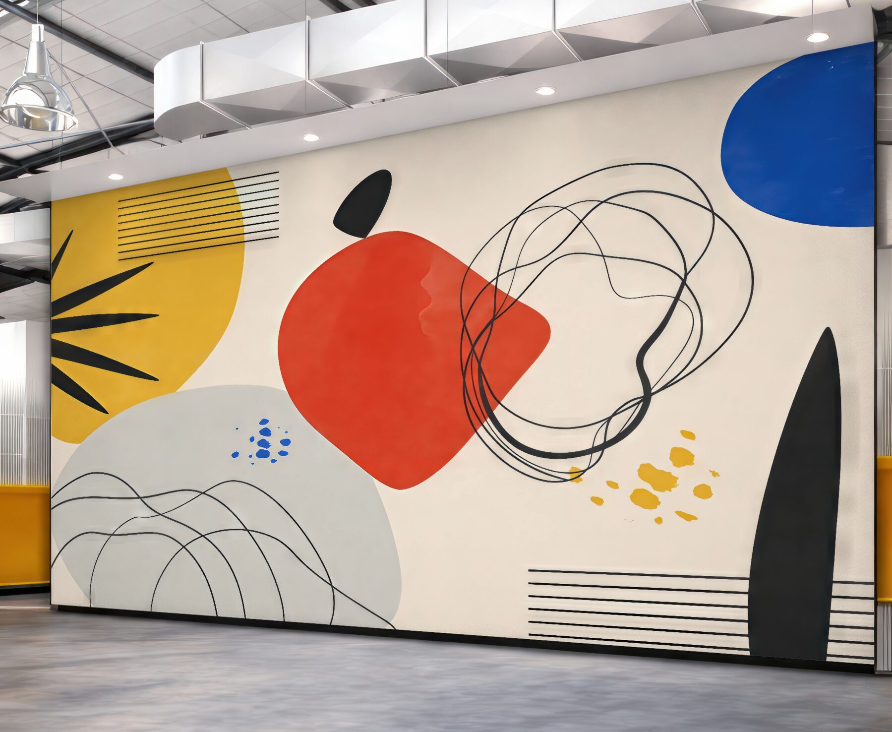 Fototapeta Abstrakcja współczesna, wyraźny akcent, boho, forma, kształty, łuki, linie, czerwony, żółty, niebieski, czarny.