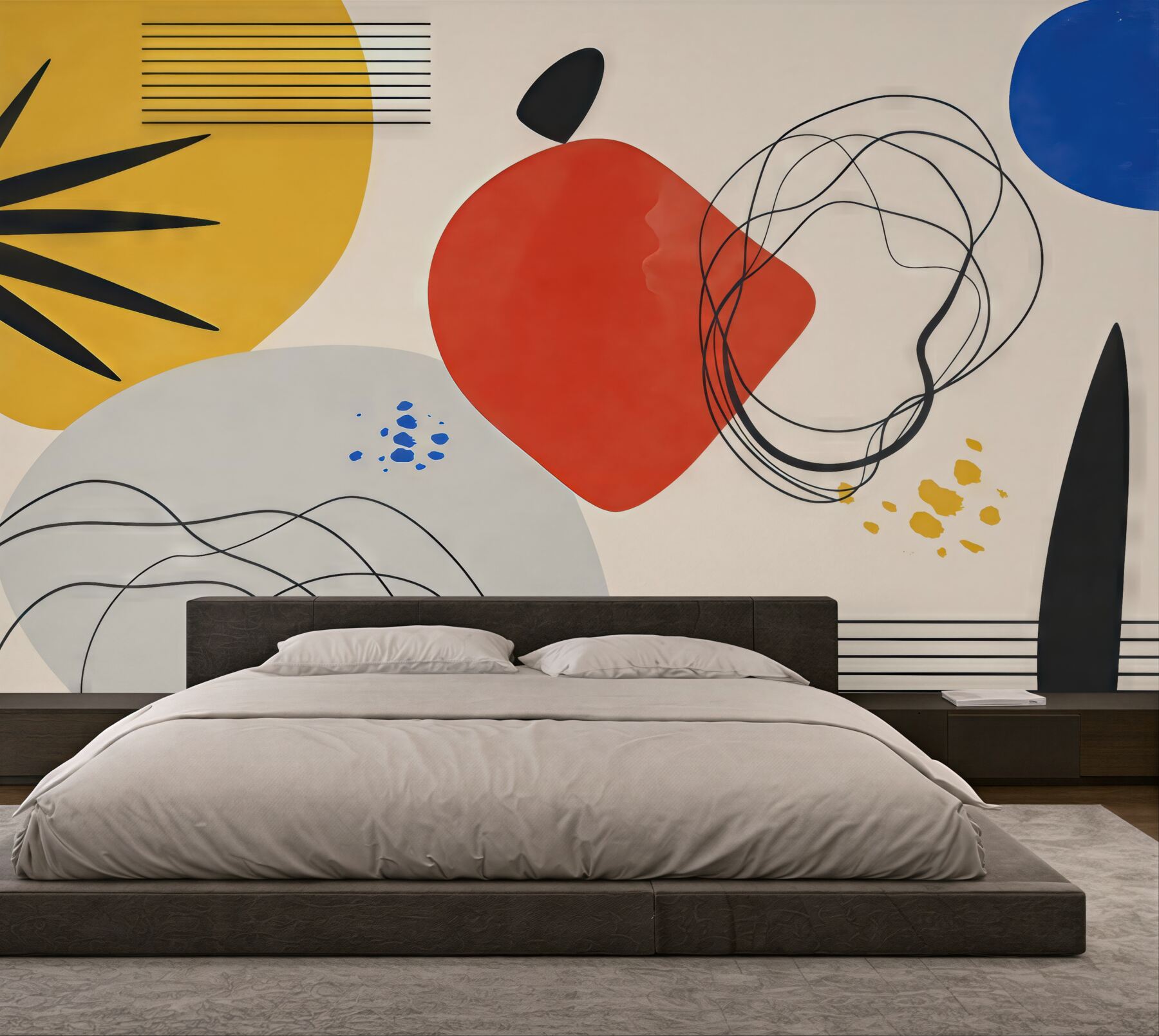 Fototapeta Abstrakcja współczesna, wyraźny akcent, boho, forma, kształty, łuki, linie, czerwony, żółty, niebieski, czarny.