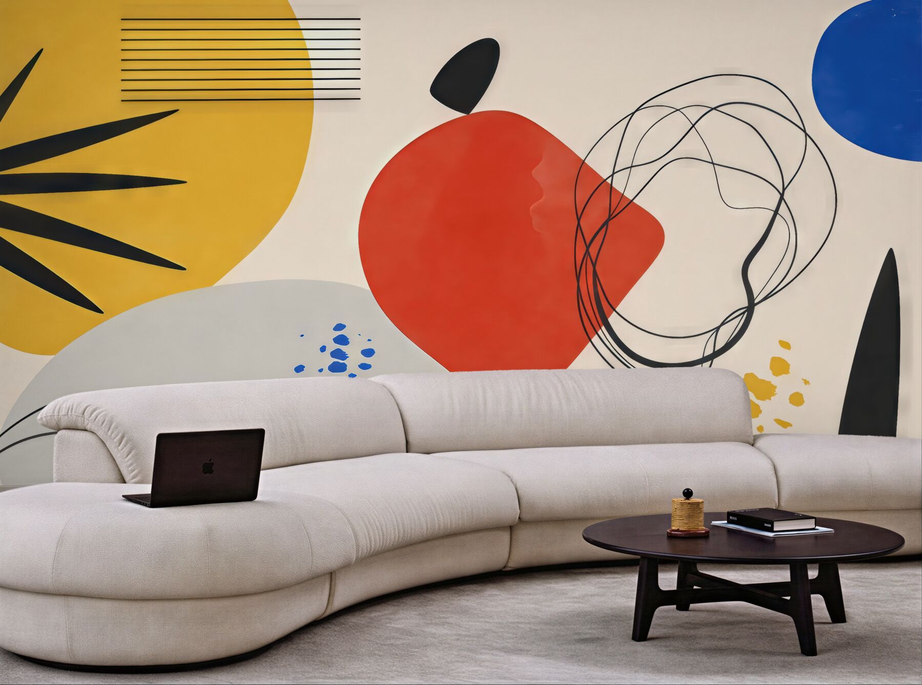 Fototapeta Abstrakcja współczesna, wyraźny akcent, boho, forma, kształty, łuki, linie, czerwony, żółty, niebieski, czarny.