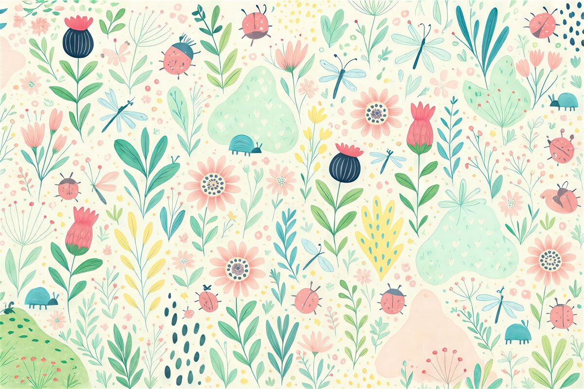 Fototapeta Rośliny, motyle, libelle, chrabąszcze, pokój dla dzieci.