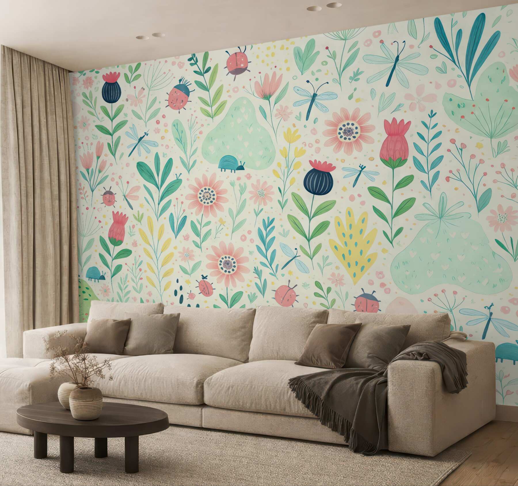 Fototapeta Rośliny, motyle, libelle, chrabąszcze, pokój dla dzieci.