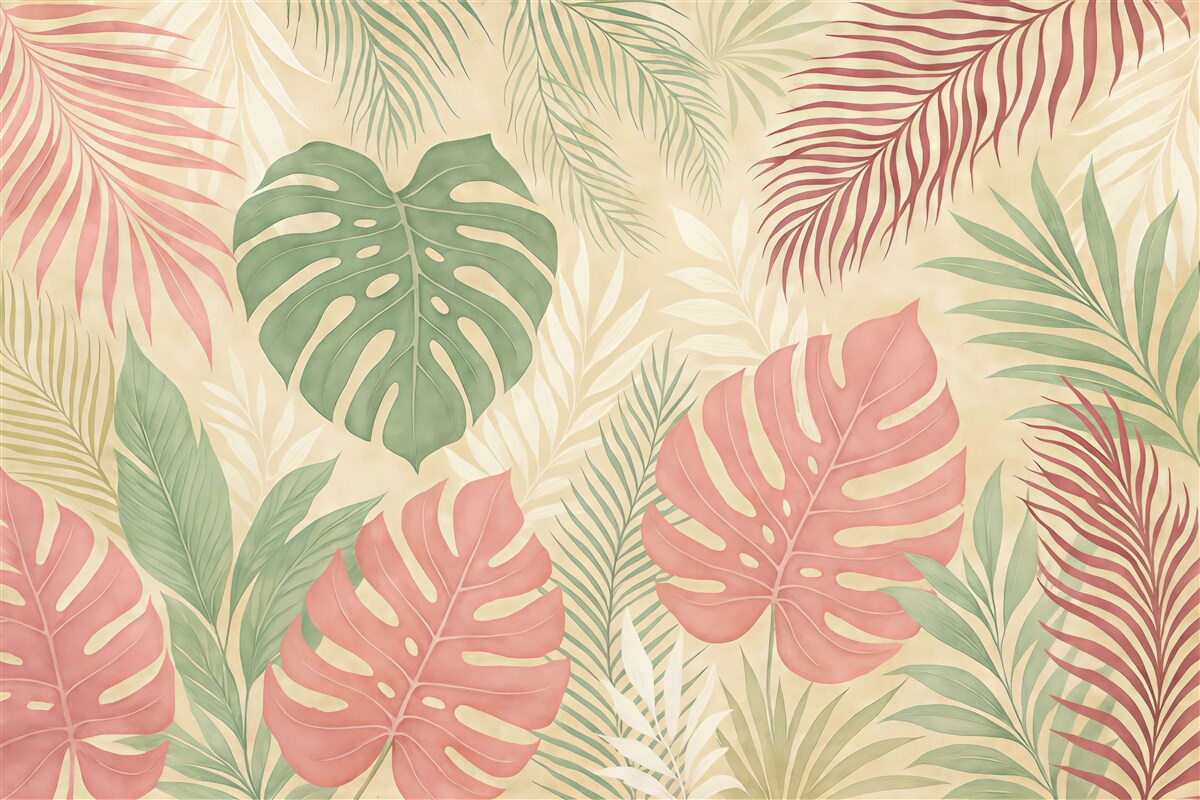 Fototapeta Liście tropikalnego lasu, monstera, paproć, liść palmy, barwy zieleni, szarości i różu.