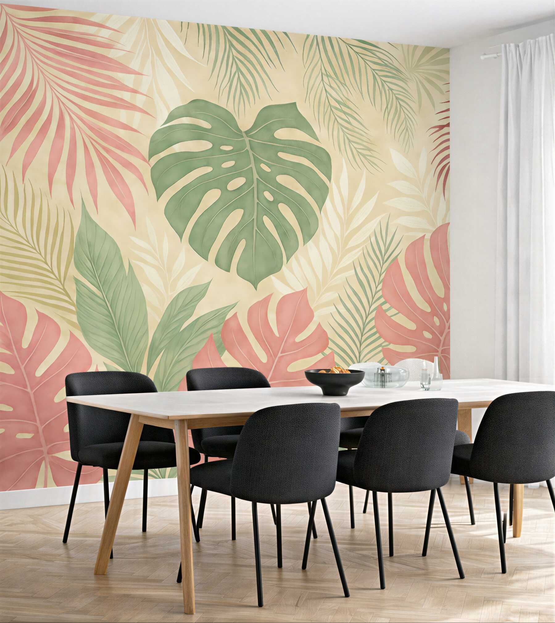 Fototapeta Liście tropikalnego lasu, monstera, paproć, liść palmy, barwy zieleni, szarości i różu.