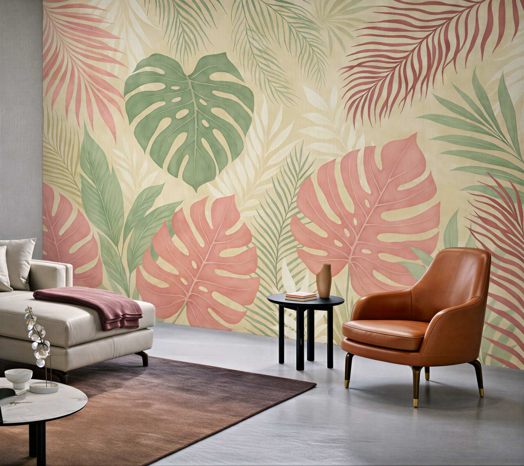 Fototapeta Liście tropikalnego lasu, monstera, paproć, liść palmy, barwy zieleni, szarości i różu.