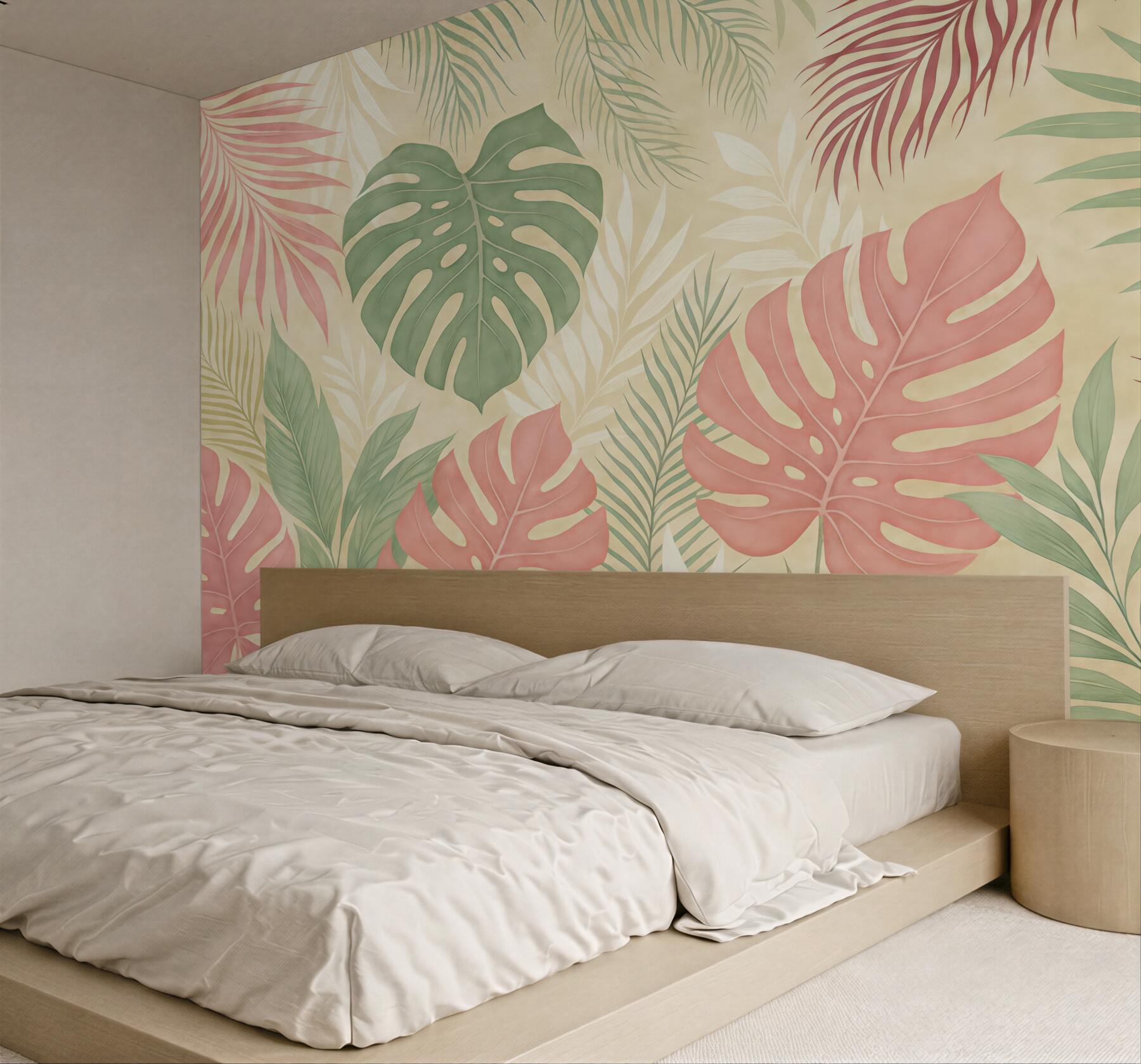 Fototapeta Liście tropikalnego lasu, monstera, paproć, liść palmy, barwy zieleni, szarości i różu.