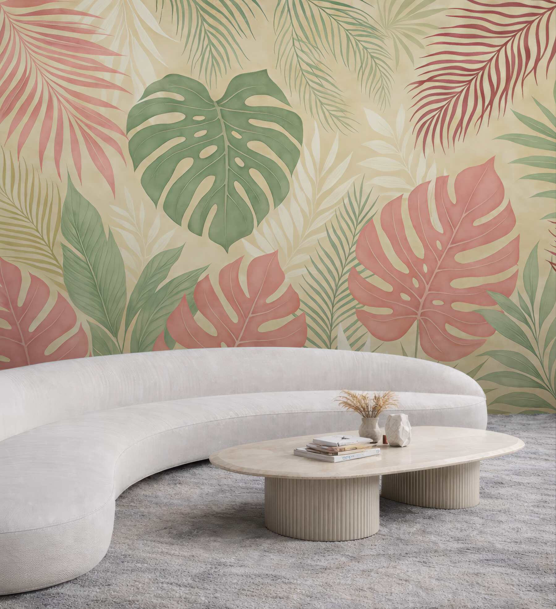 Fototapeta Liście tropikalnego lasu, monstera, paproć, liść palmy, barwy zieleni, szarości i różu.