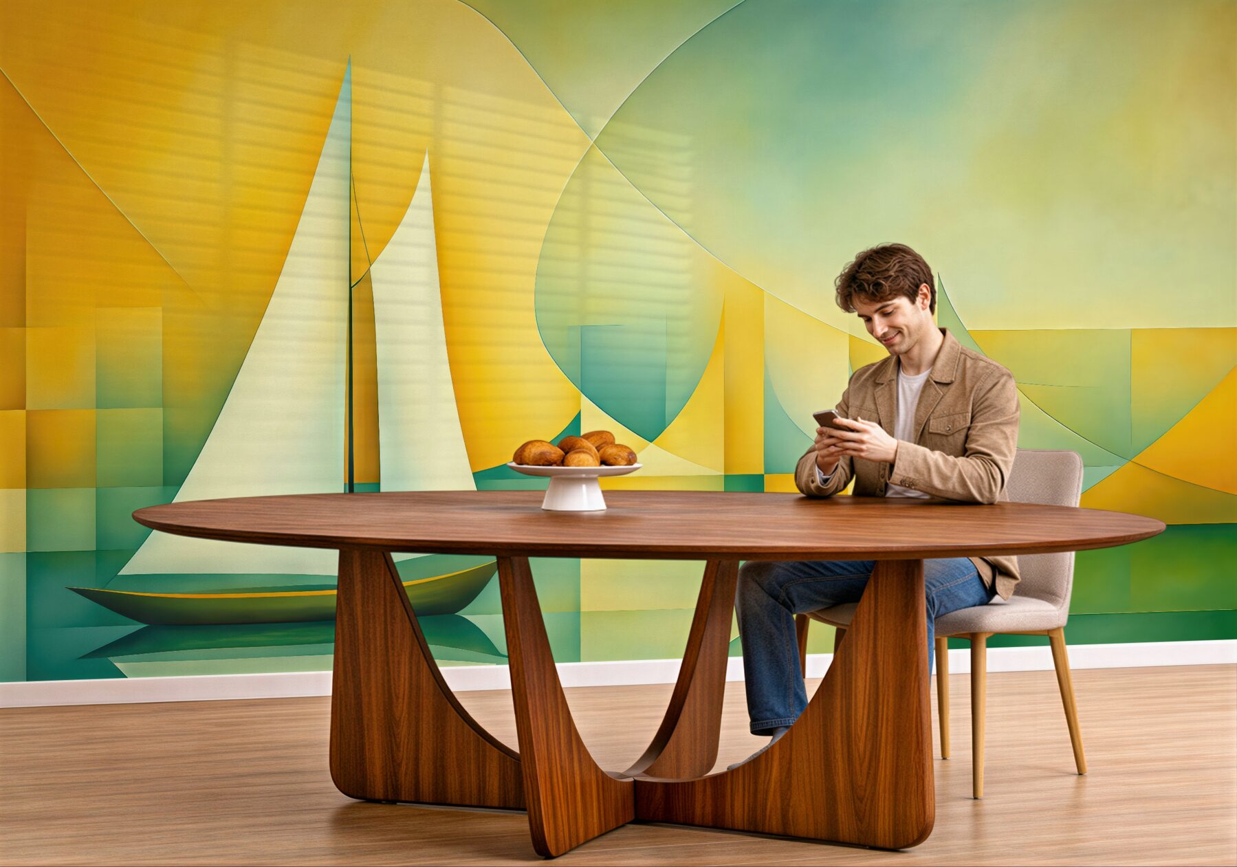 Fototapeta Biała łódź żaglowa na tle żółto-niebiesko-zielonym w stylu kubistycznym.