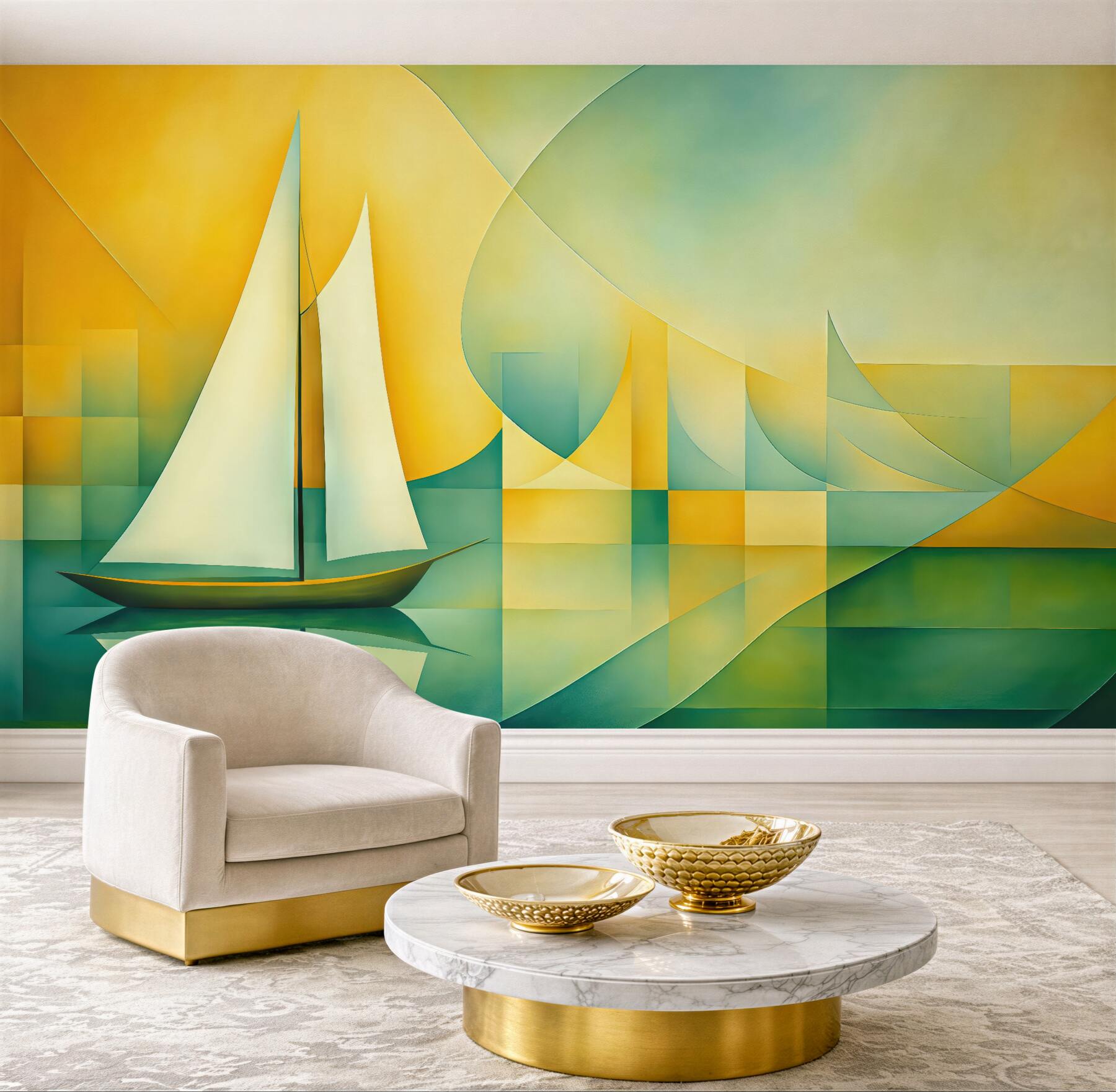 Fototapeta Biała łódź żaglowa na tle żółto-niebiesko-zielonym w stylu kubistycznym.