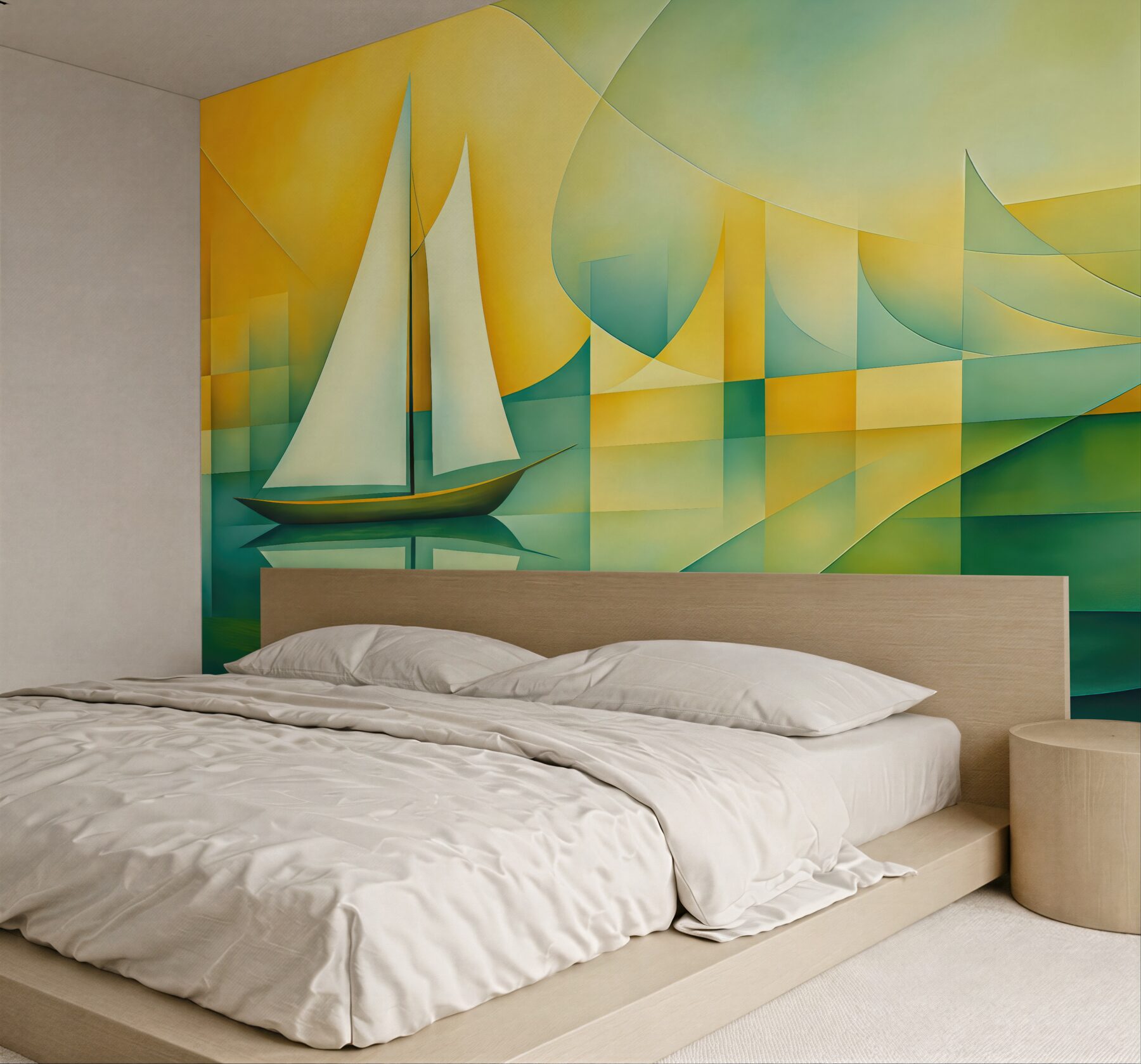 Fototapeta Biała łódź żaglowa na tle żółto-niebiesko-zielonym w stylu kubistycznym.