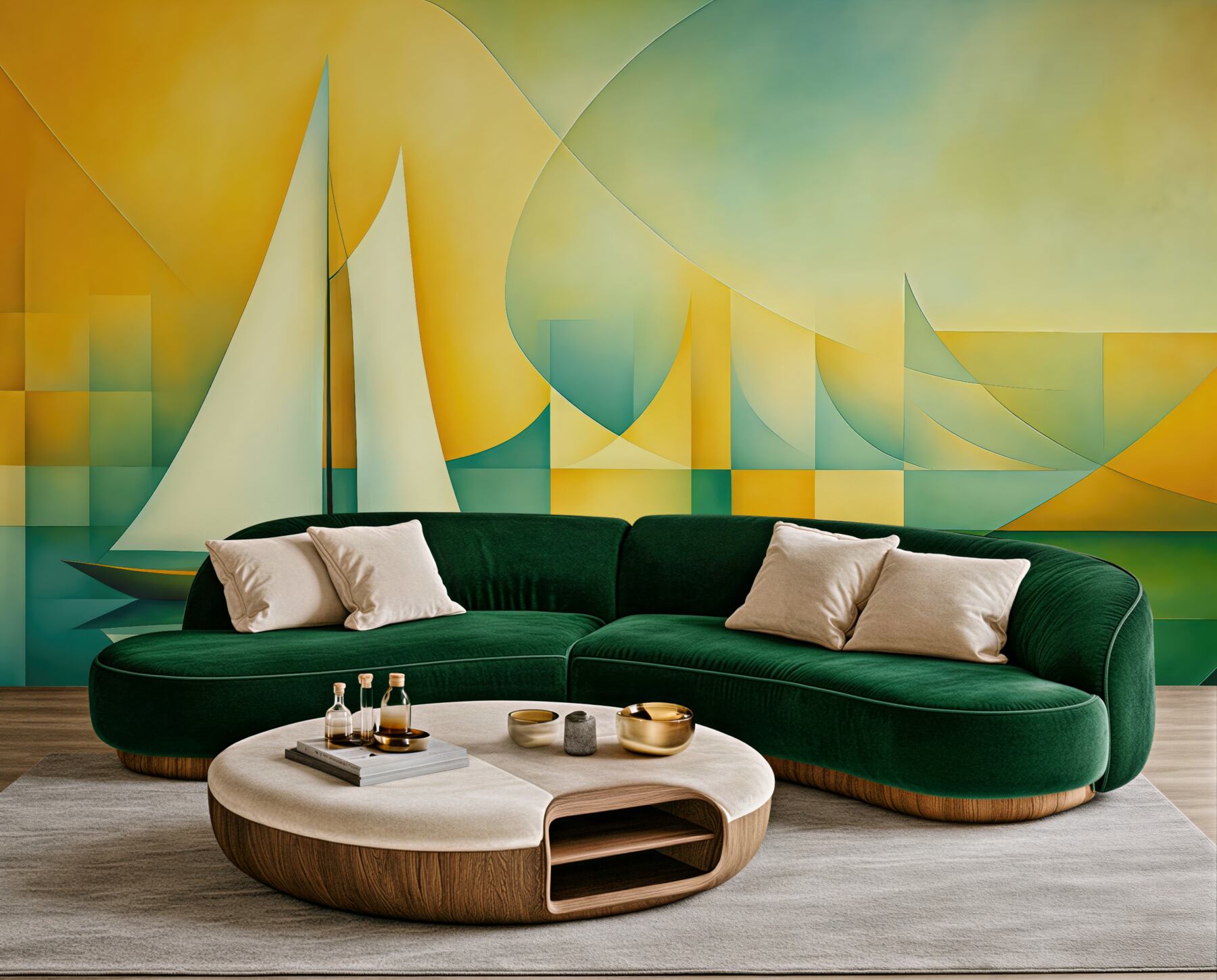 Fototapeta Biała łódź żaglowa na tle żółto-niebiesko-zielonym w stylu kubistycznym.