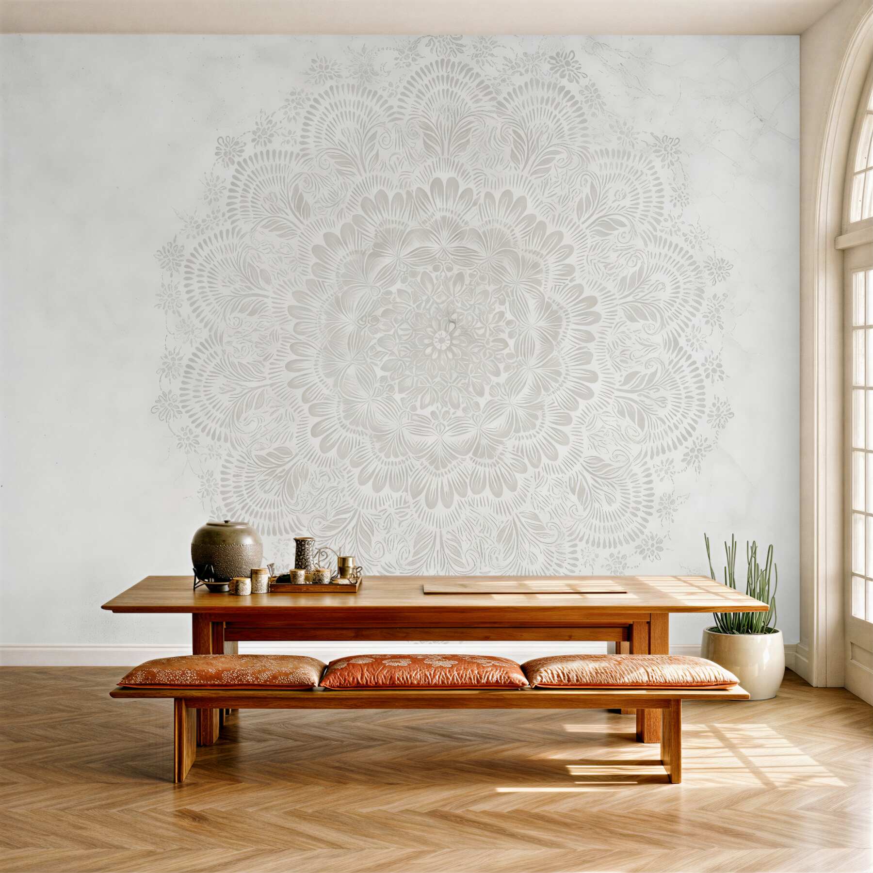 Fototapeta Mandala, jasny wzór koronkowy z elementami roślinnymi i okrągłymi, tworząca subtelny oraz skomplikowany deseń.