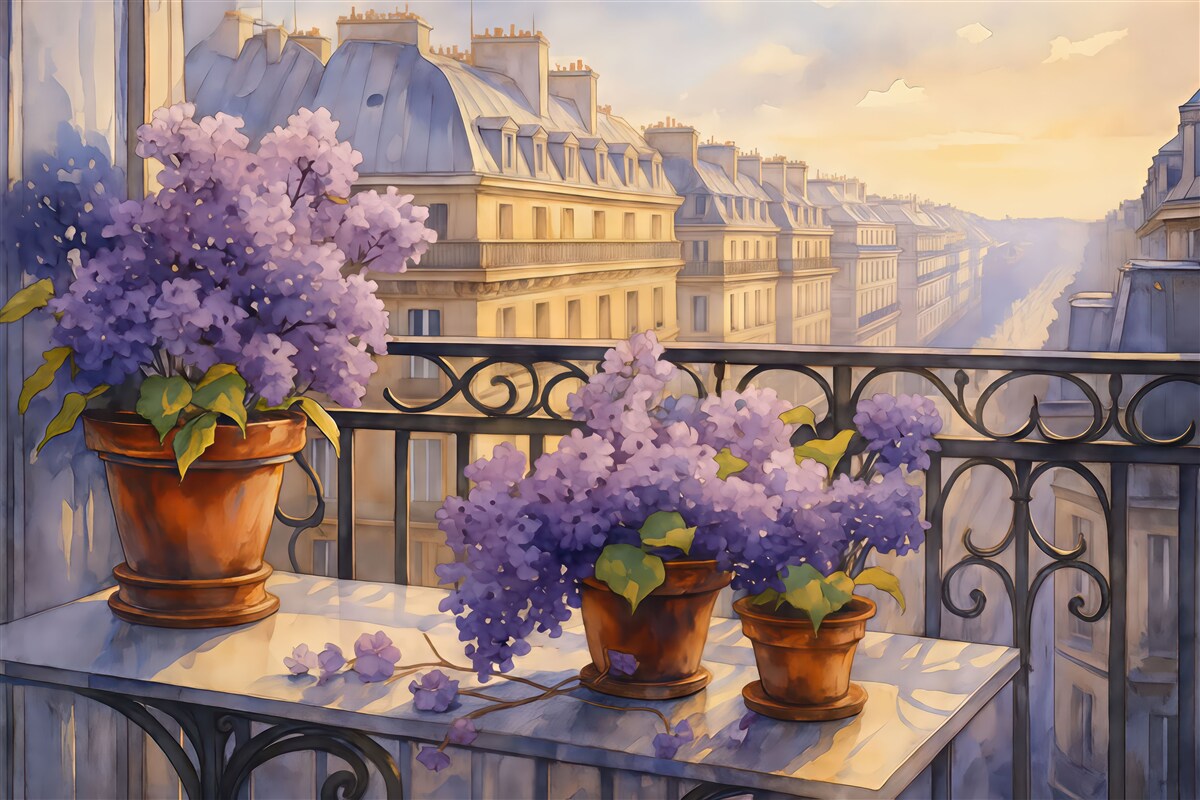 Fototapeta lawendowy balkon w paryskim poranku