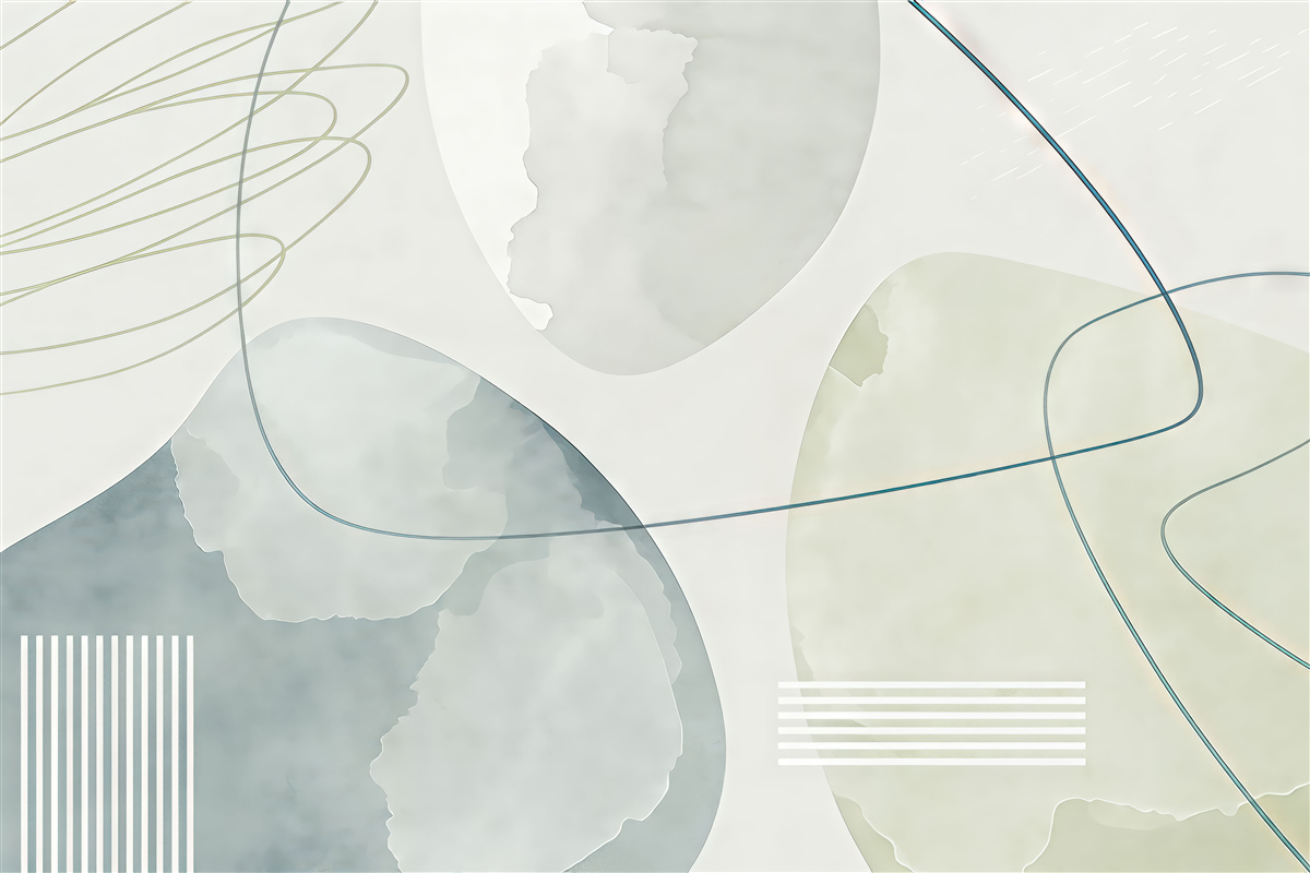 Fototapeta Plamy akwarelowe, styl boho, kształty geometryczne, faktura, linie, pasy, kolor niebieski, szary, biały.