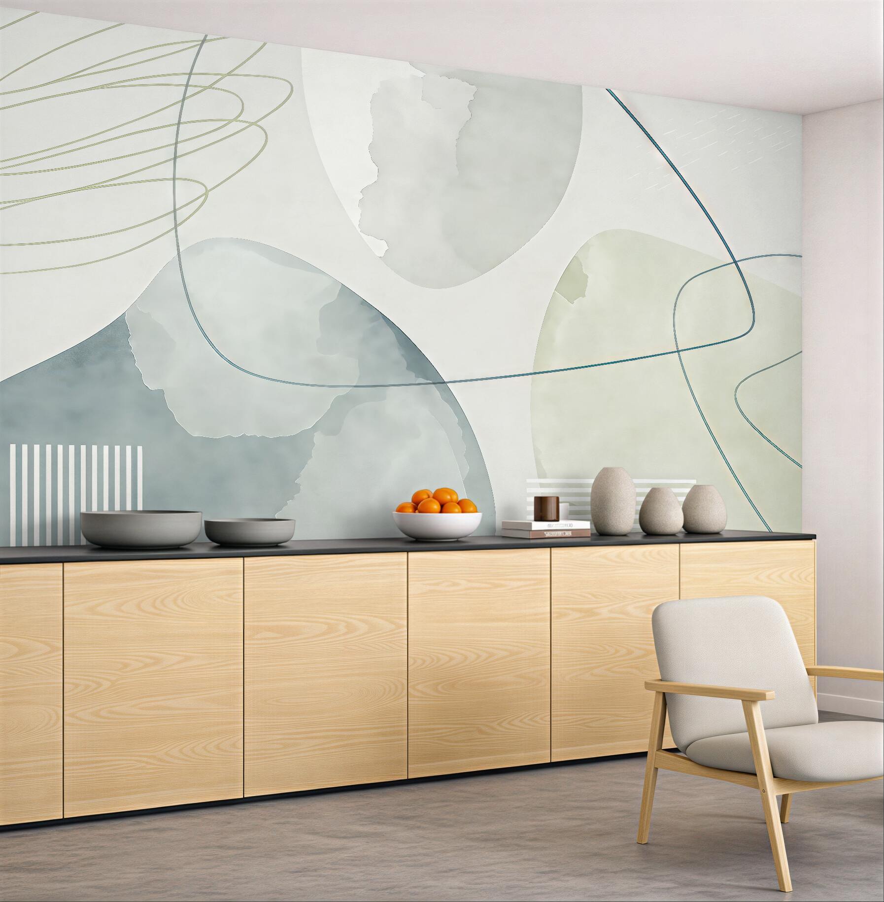 Fototapeta Plamy akwarelowe, styl boho, kształty geometryczne, faktura, linie, pasy, kolor niebieski, szary, biały.