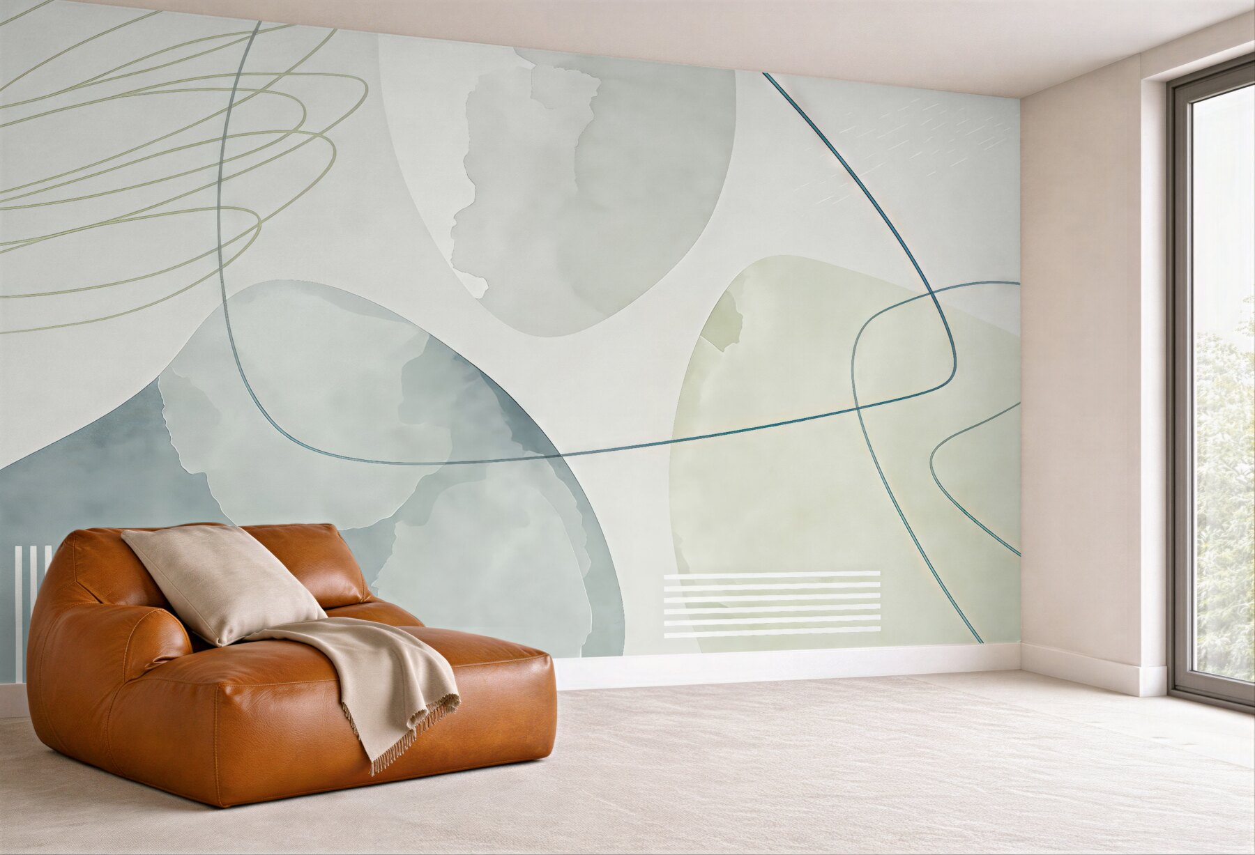 Fototapeta Plamy akwarelowe, styl boho, kształty geometryczne, faktura, linie, pasy, kolor niebieski, szary, biały.