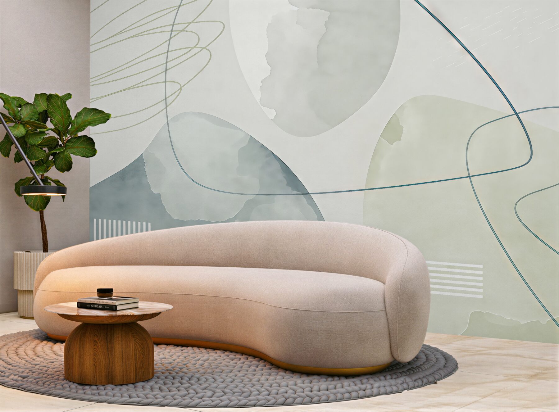 Fototapeta Plamy akwarelowe, styl boho, kształty geometryczne, faktura, linie, pasy, kolor niebieski, szary, biały.