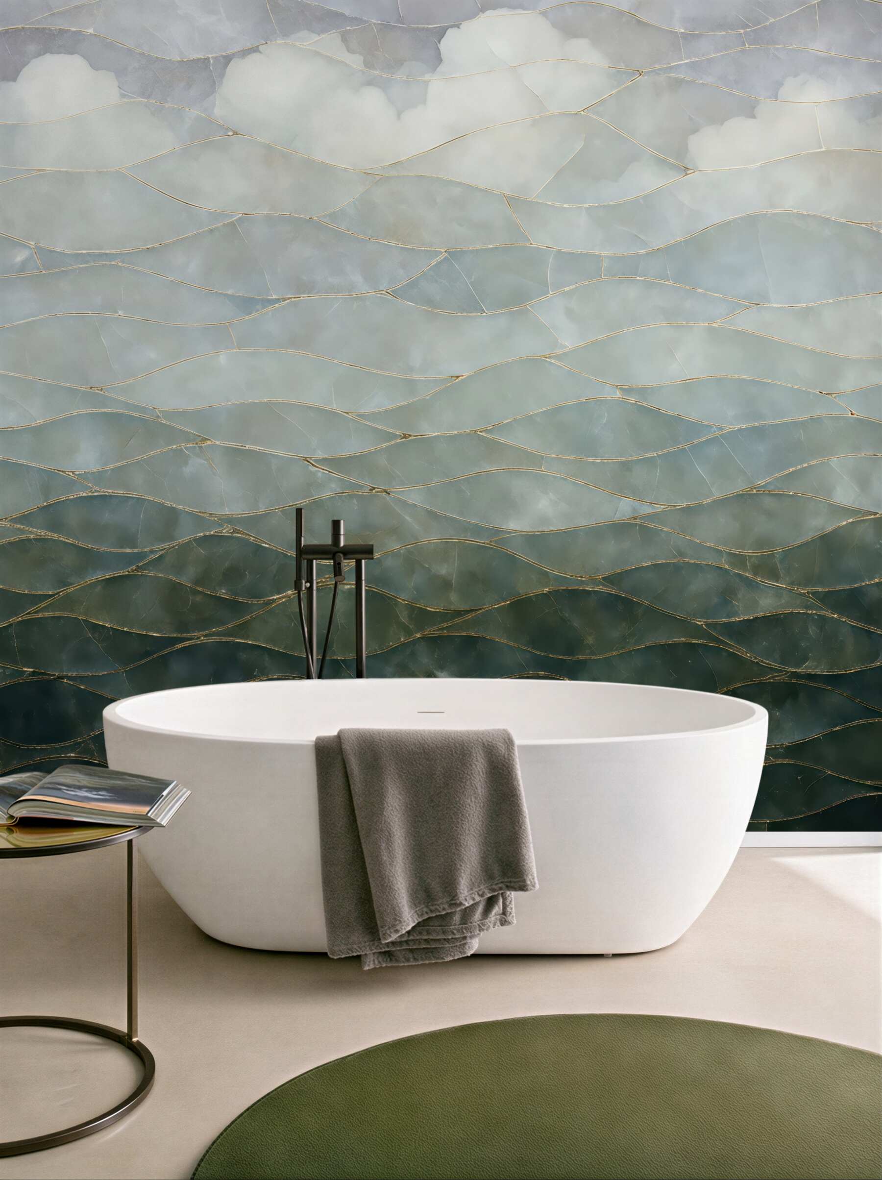 Fototapeta abstrakcyjne złote fale w mglistym błękicie