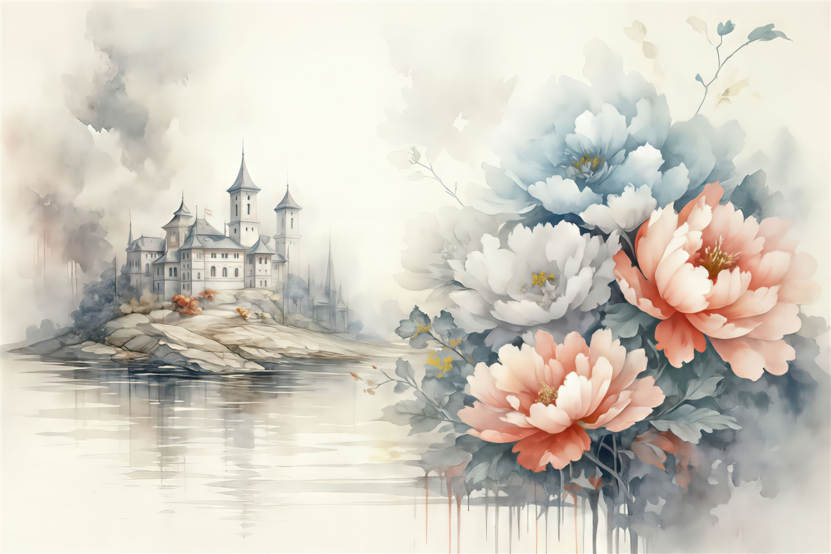 Fototapeta Krajobraz akwarelowy z wielkimi kwiatami i zamkiem, niebieski, szary, czerwony.