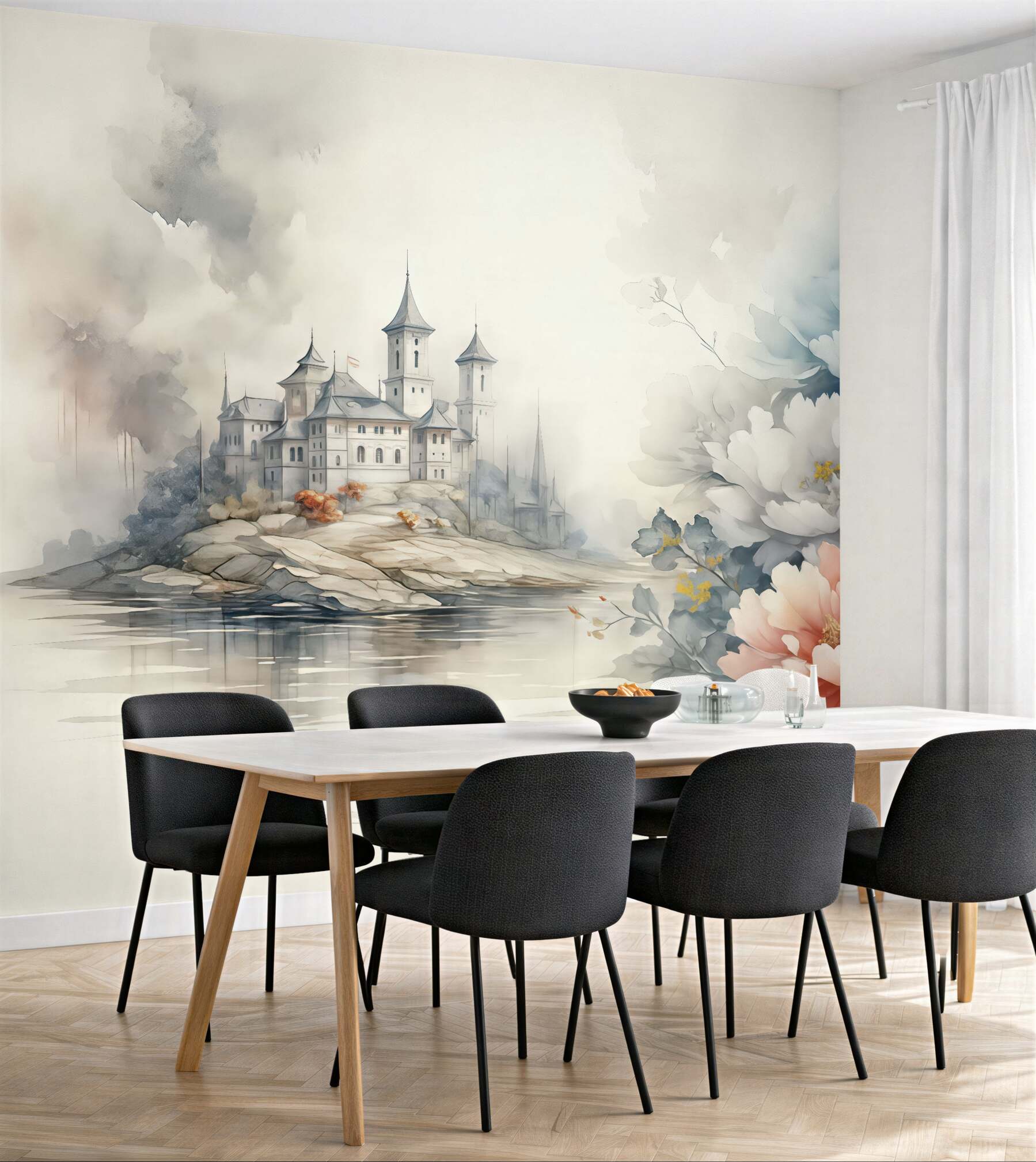 Fototapeta Krajobraz akwarelowy z wielkimi kwiatami i zamkiem, niebieski, szary, czerwony.