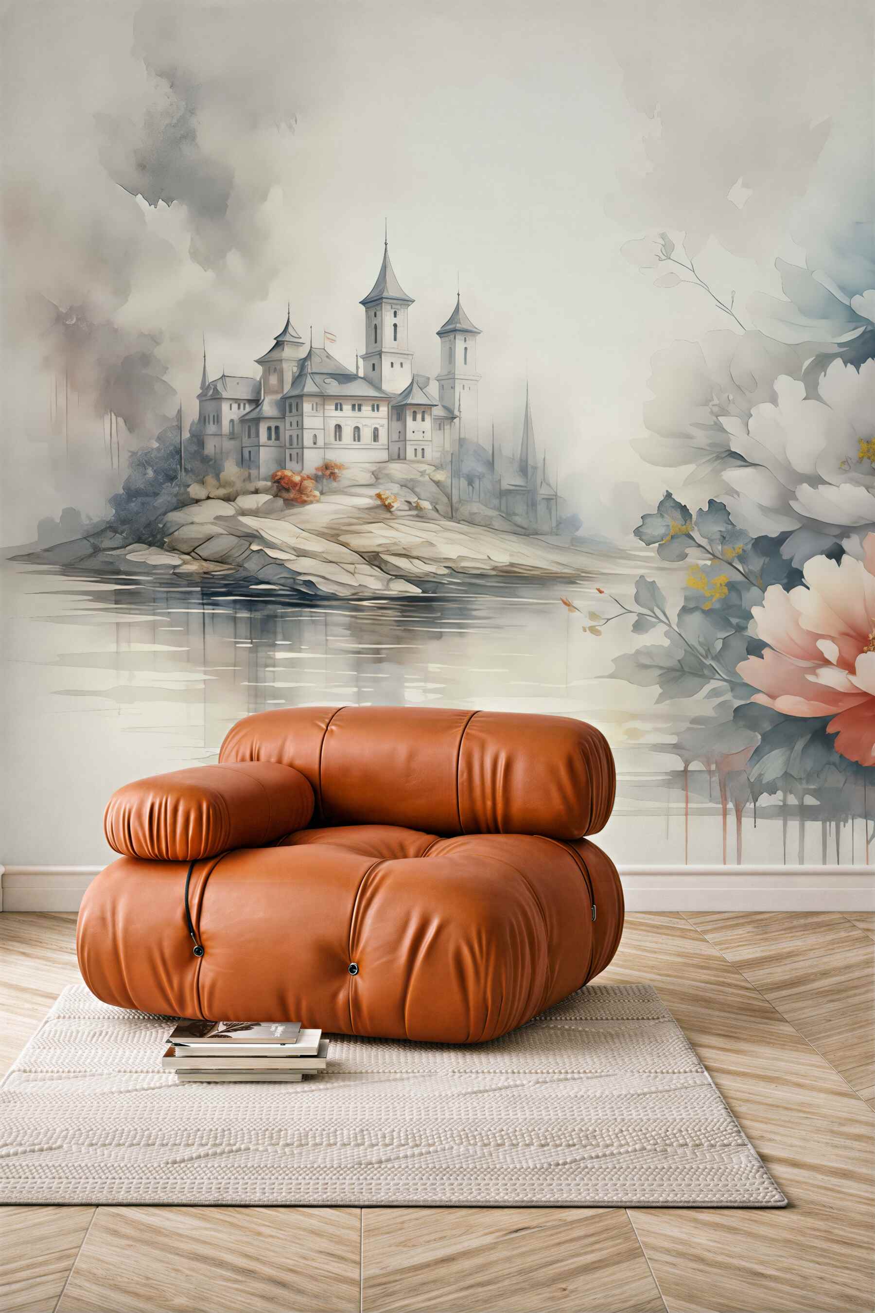 Fototapeta Krajobraz akwarelowy z wielkimi kwiatami i zamkiem, niebieski, szary, czerwony.