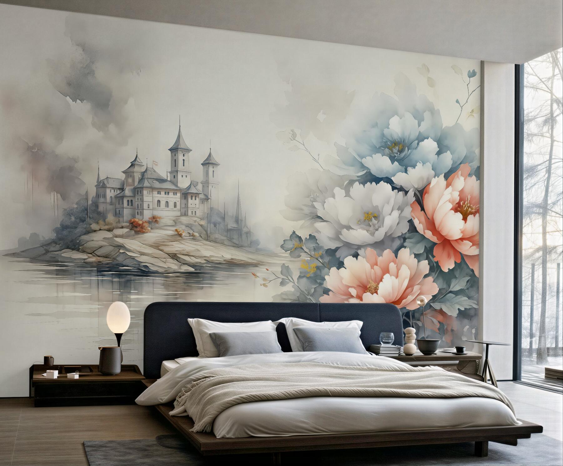 Fototapeta Krajobraz akwarelowy z wielkimi kwiatami i zamkiem, niebieski, szary, czerwony.