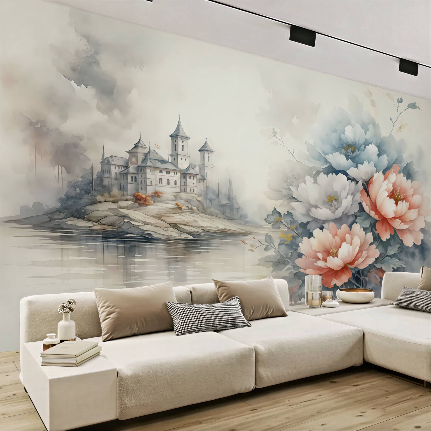 Fototapeta Krajobraz akwarelowy z wielkimi kwiatami i zamkiem, niebieski, szary, czerwony.