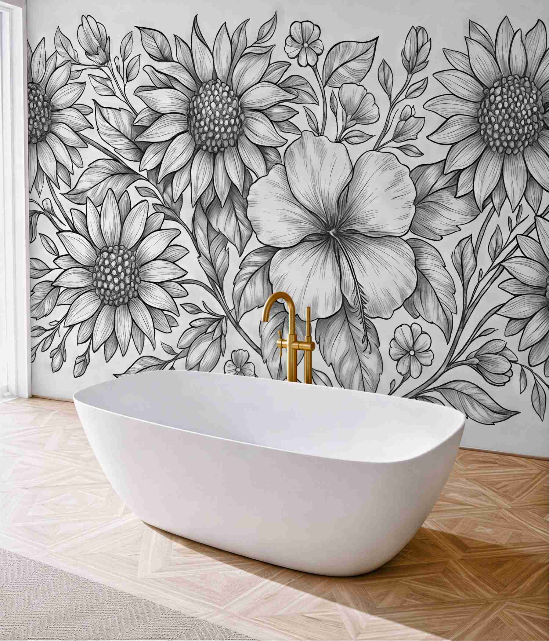 Fototapeta kwiatowy szkic słoneczników i hibiskusa