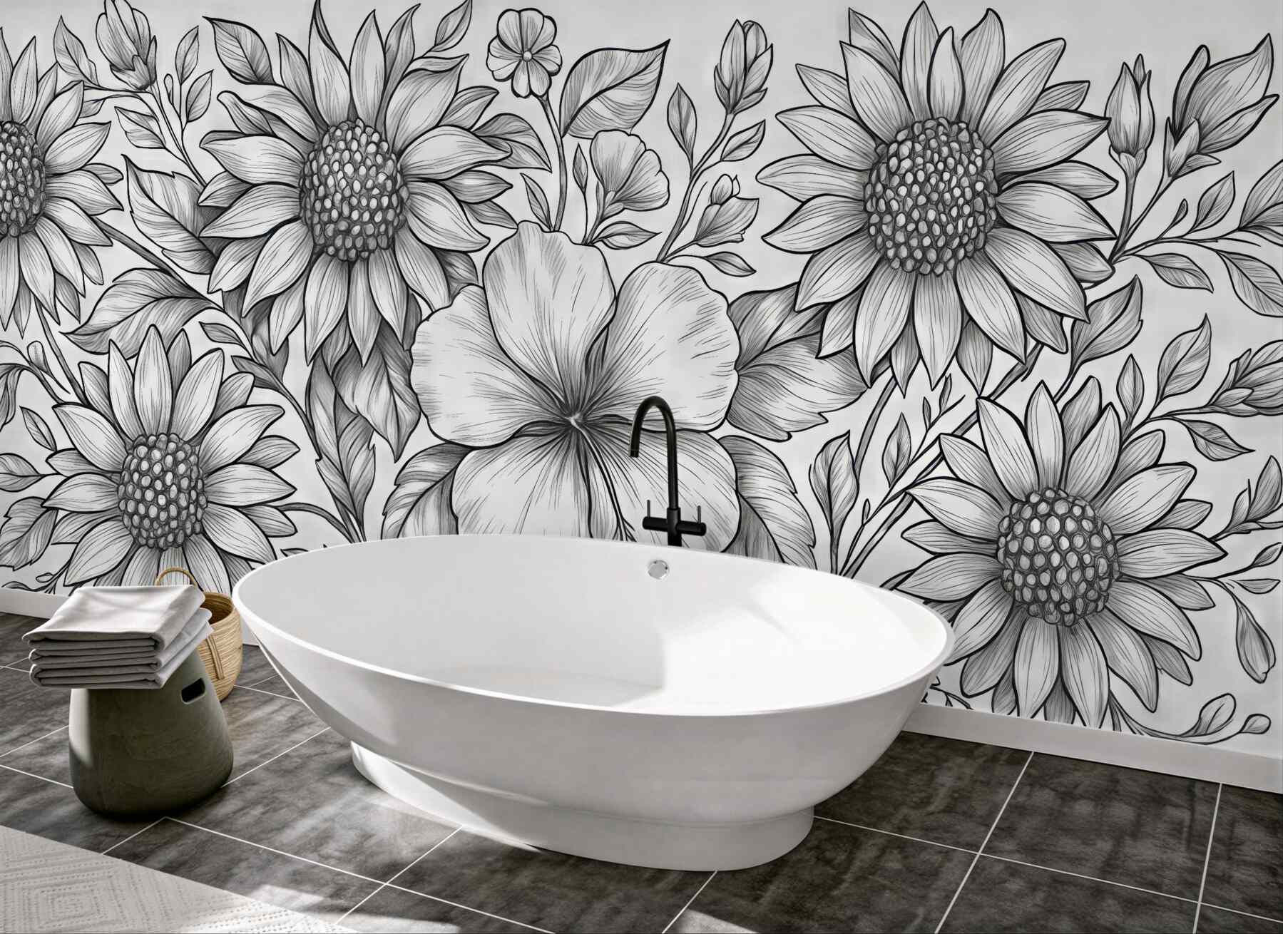 Fototapeta kwiatowy szkic słoneczników i hibiskusa