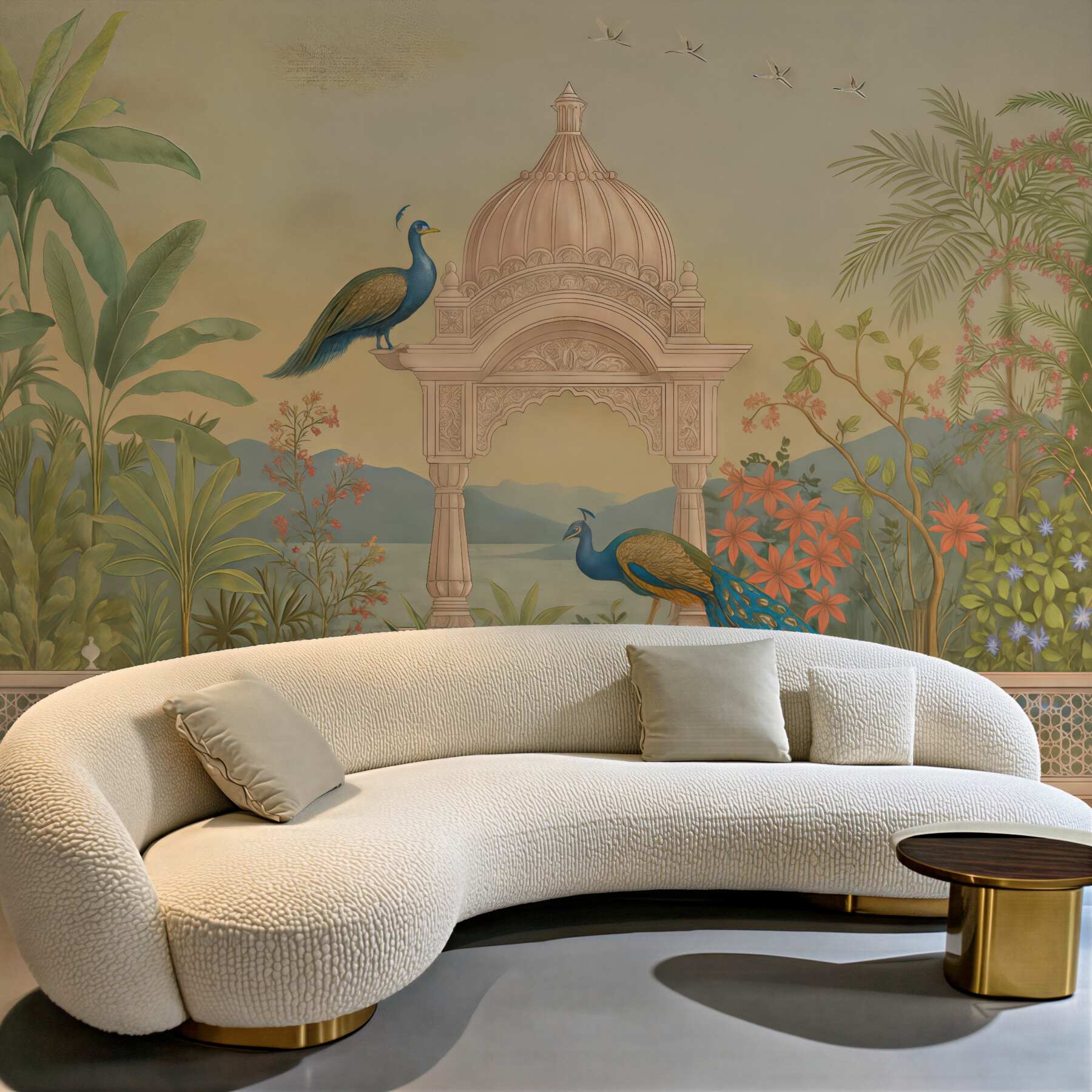 Fototapeta Fototapeta z widokiem na panoramę jeziora, tropikalny ogród z altanką oraz pawiami w subtelnych tonach zieleni i beżu, z teksturowanym materiałem.