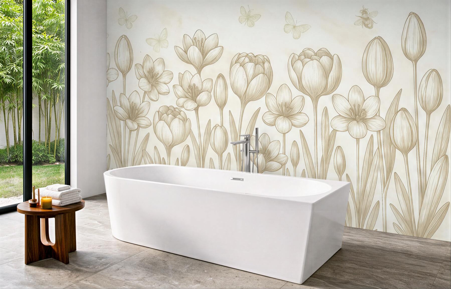 Fototapeta szkicowane kwiaty w beżowym ogrodzie