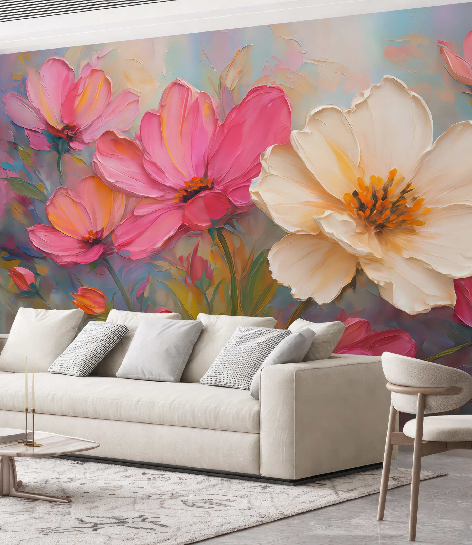 Fototapeta Intensywnie różowe kwiaty na jasnoszaro-niebieskim tle.