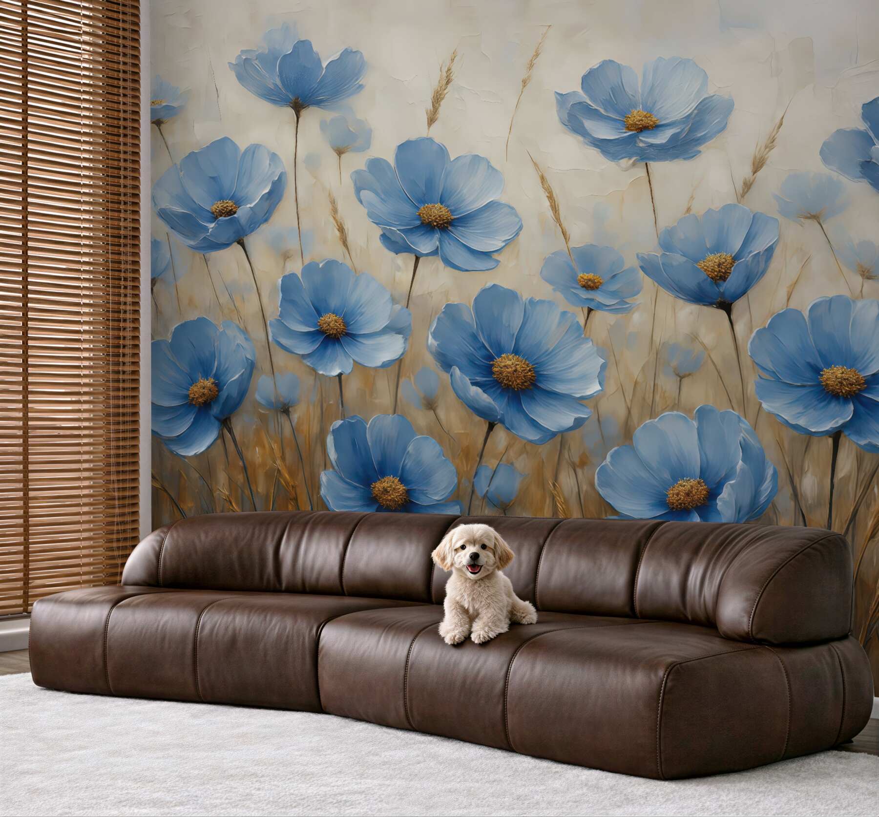 Fototapeta Niebieskie kwiaty na abstrakcyjnym tle, naśladujące pociągnięcia pędzlem olejnym.