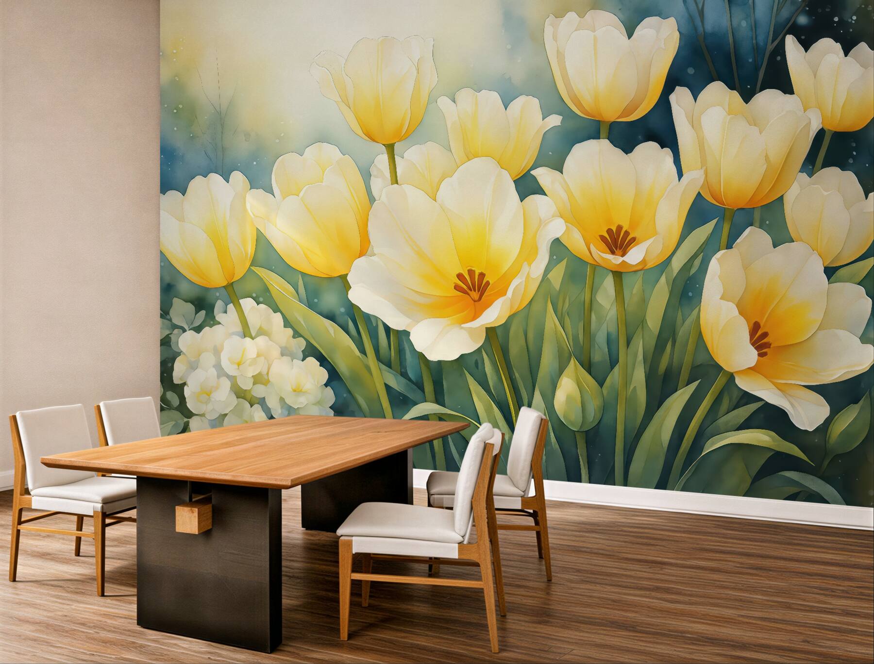 Fototapeta Tulipany w kolorze żółtym, akwarela