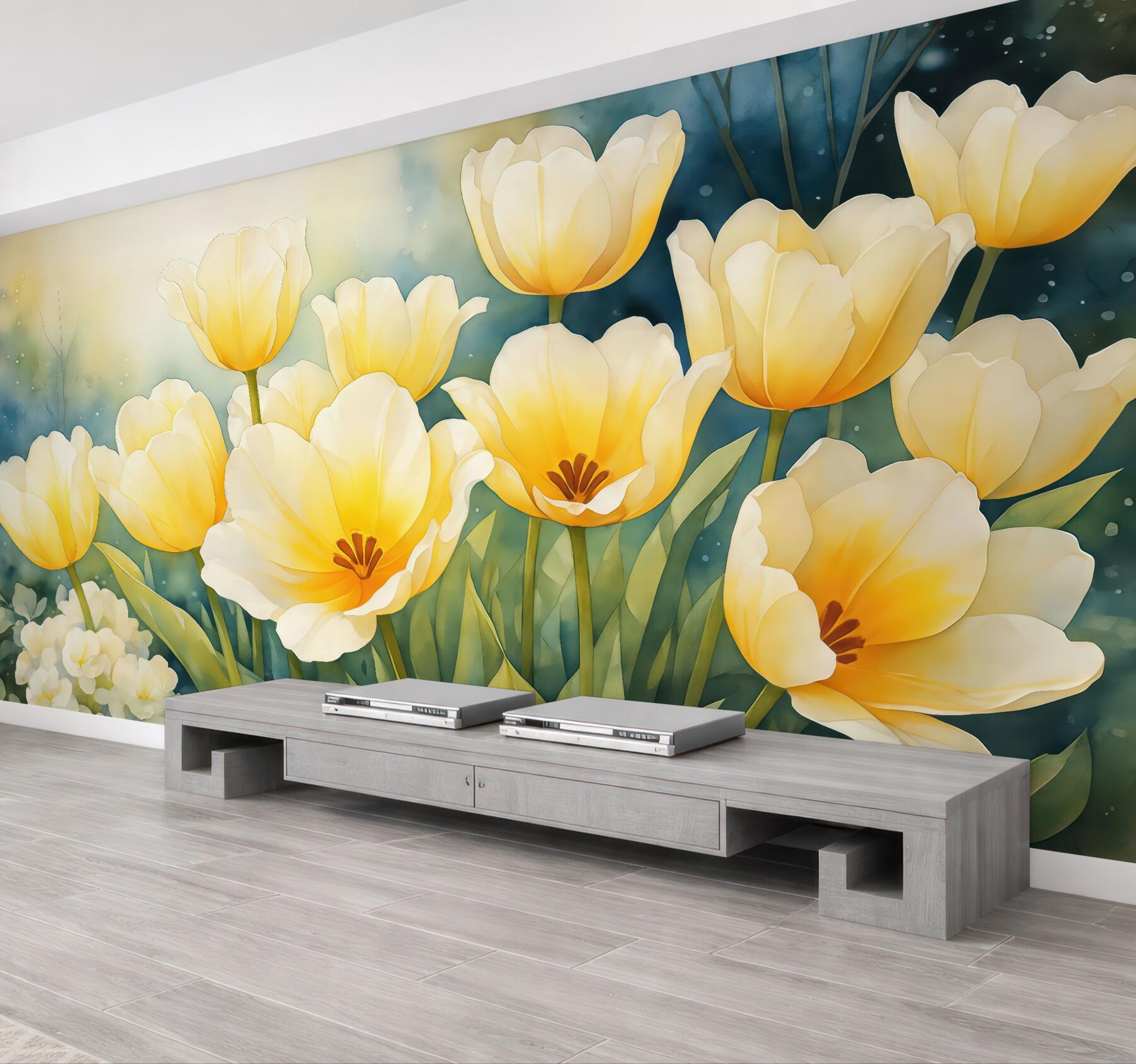 Fototapeta Tulipany w kolorze żółtym, akwarela