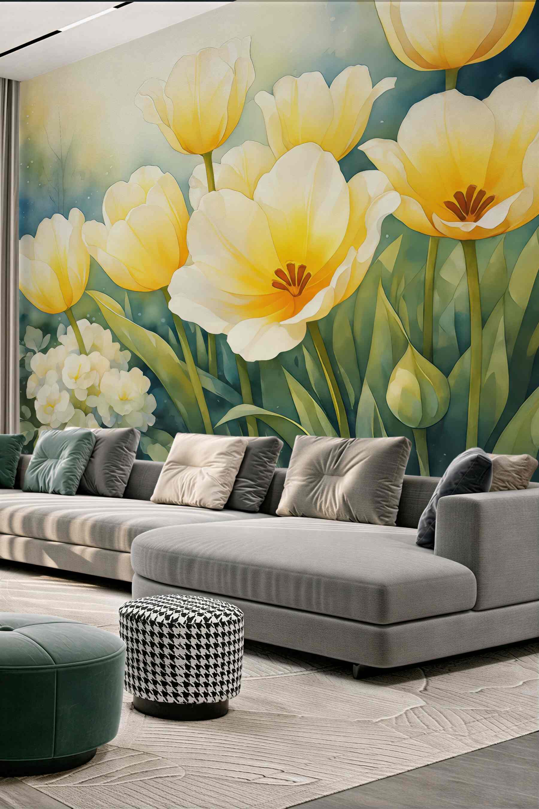 Fototapeta Tulipany w kolorze żółtym, akwarela