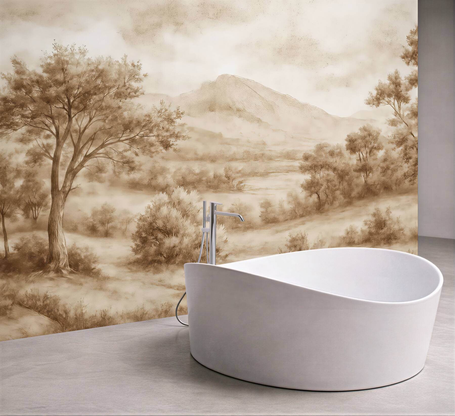 Fototapeta sepiowy pejzaż z górą i drzewami