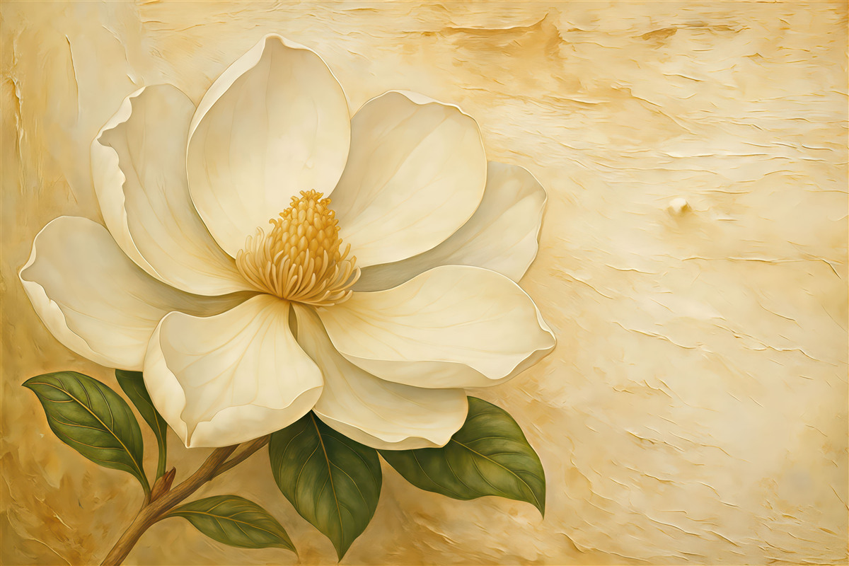 Fototapeta Biały kwiat magnolii w akwareli na beżowym tle z tłoczeniem.