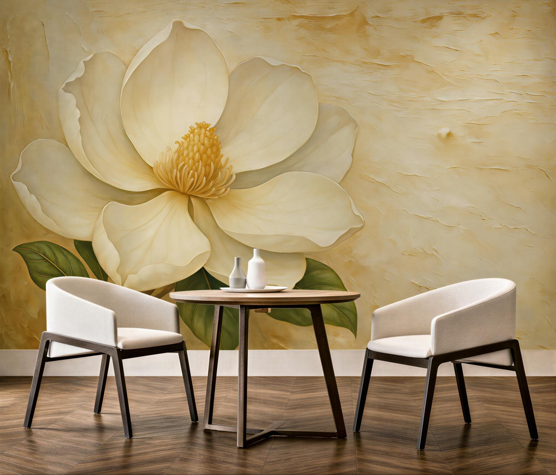 Fototapeta Biały kwiat magnolii w akwareli na beżowym tle z tłoczeniem.