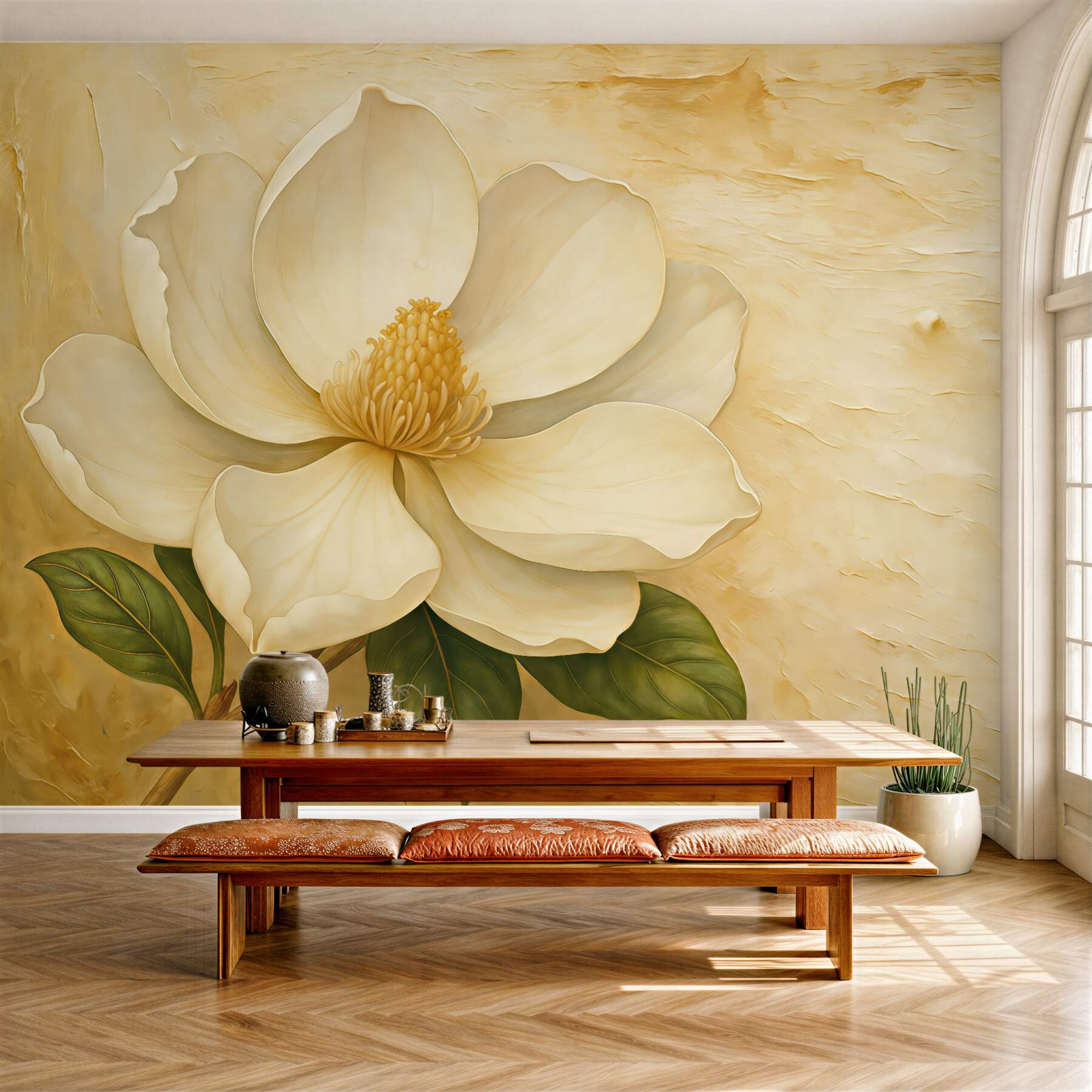 Fototapeta Biały kwiat magnolii w akwareli na beżowym tle z tłoczeniem.