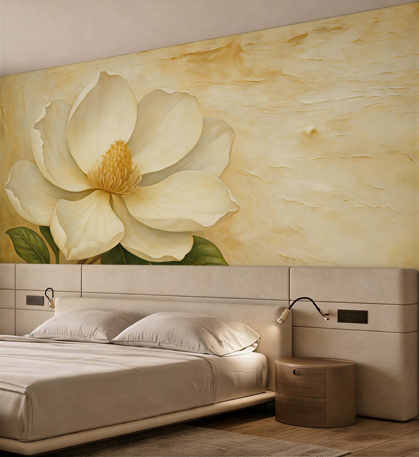 Fototapeta Biały kwiat magnolii w akwareli na beżowym tle z tłoczeniem.