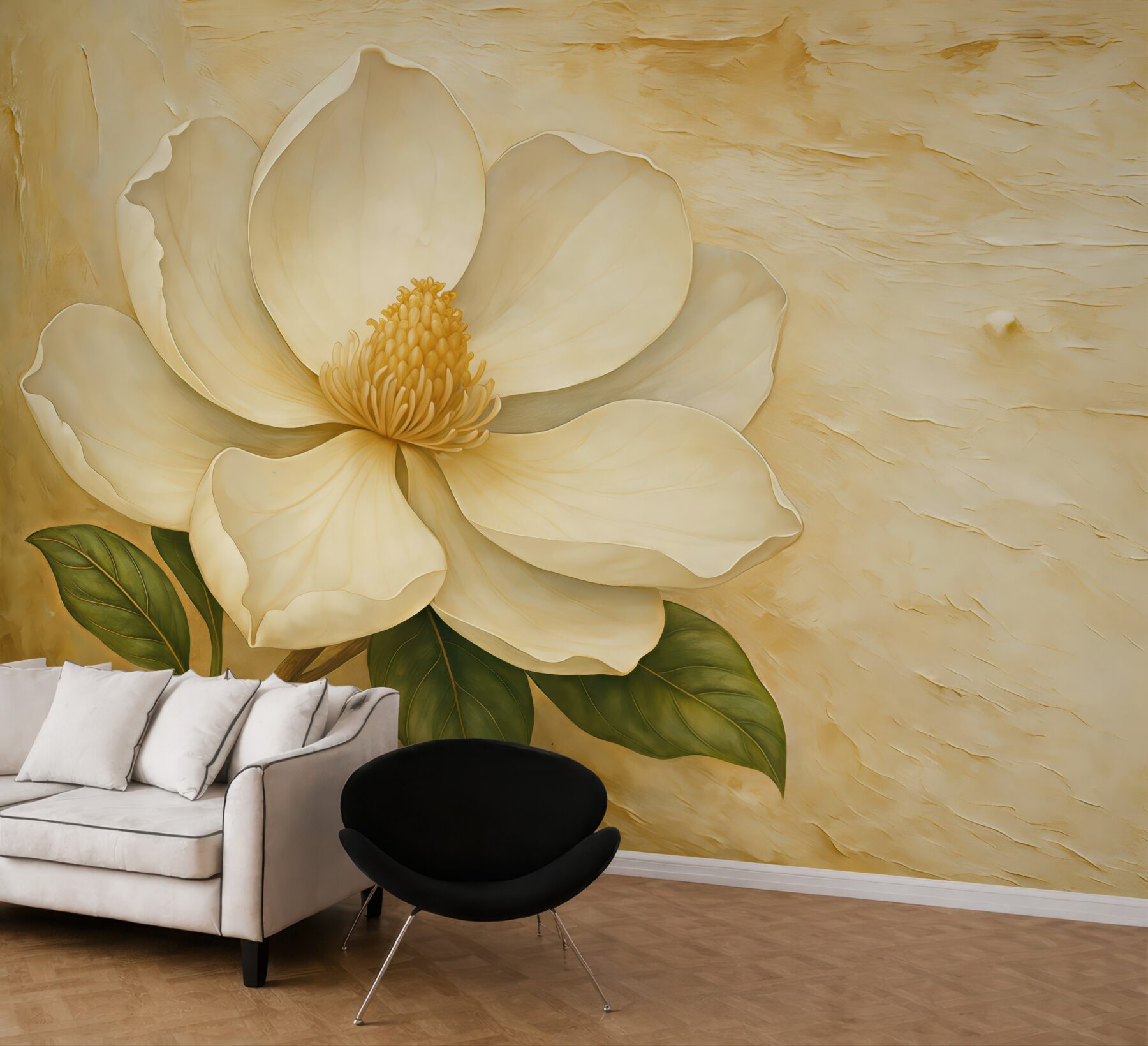 Fototapeta Biały kwiat magnolii w akwareli na beżowym tle z tłoczeniem.