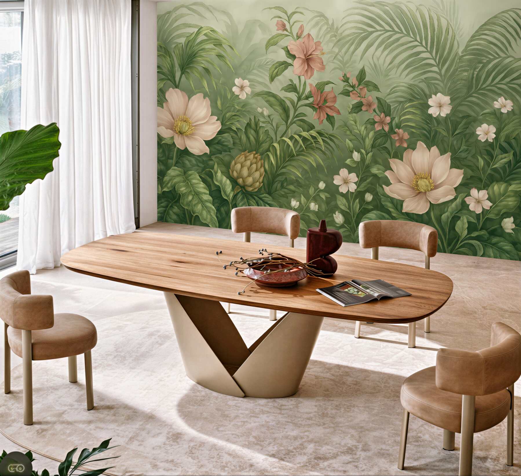 Fototapeta Tętniąca życiem tropikalna dżungla, soczyste liście palm oraz paprocie na pierwszym planie z kwiatami.