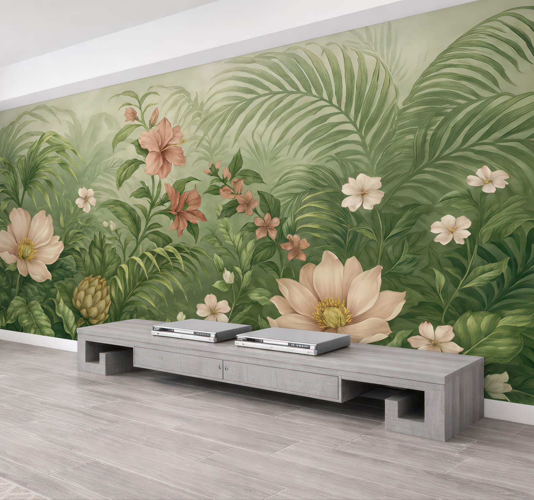 Fototapeta Tętniąca życiem tropikalna dżungla, soczyste liście palm oraz paprocie na pierwszym planie z kwiatami.