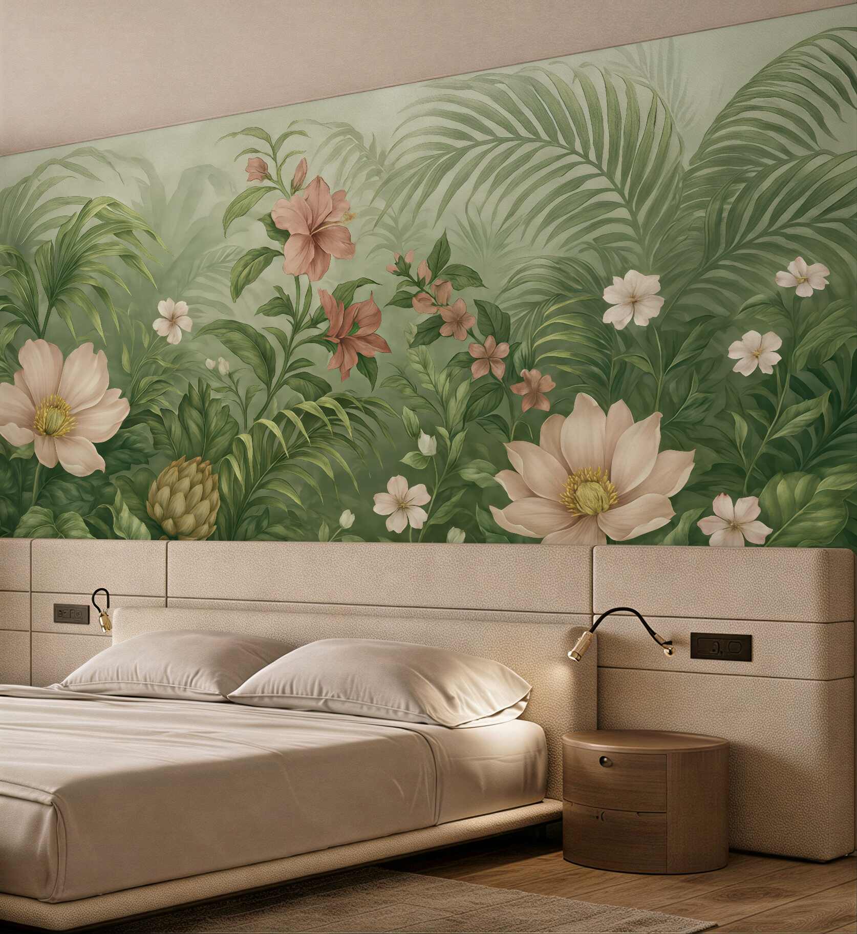 Fototapeta Tętniąca życiem tropikalna dżungla, soczyste liście palm oraz paprocie na pierwszym planie z kwiatami.