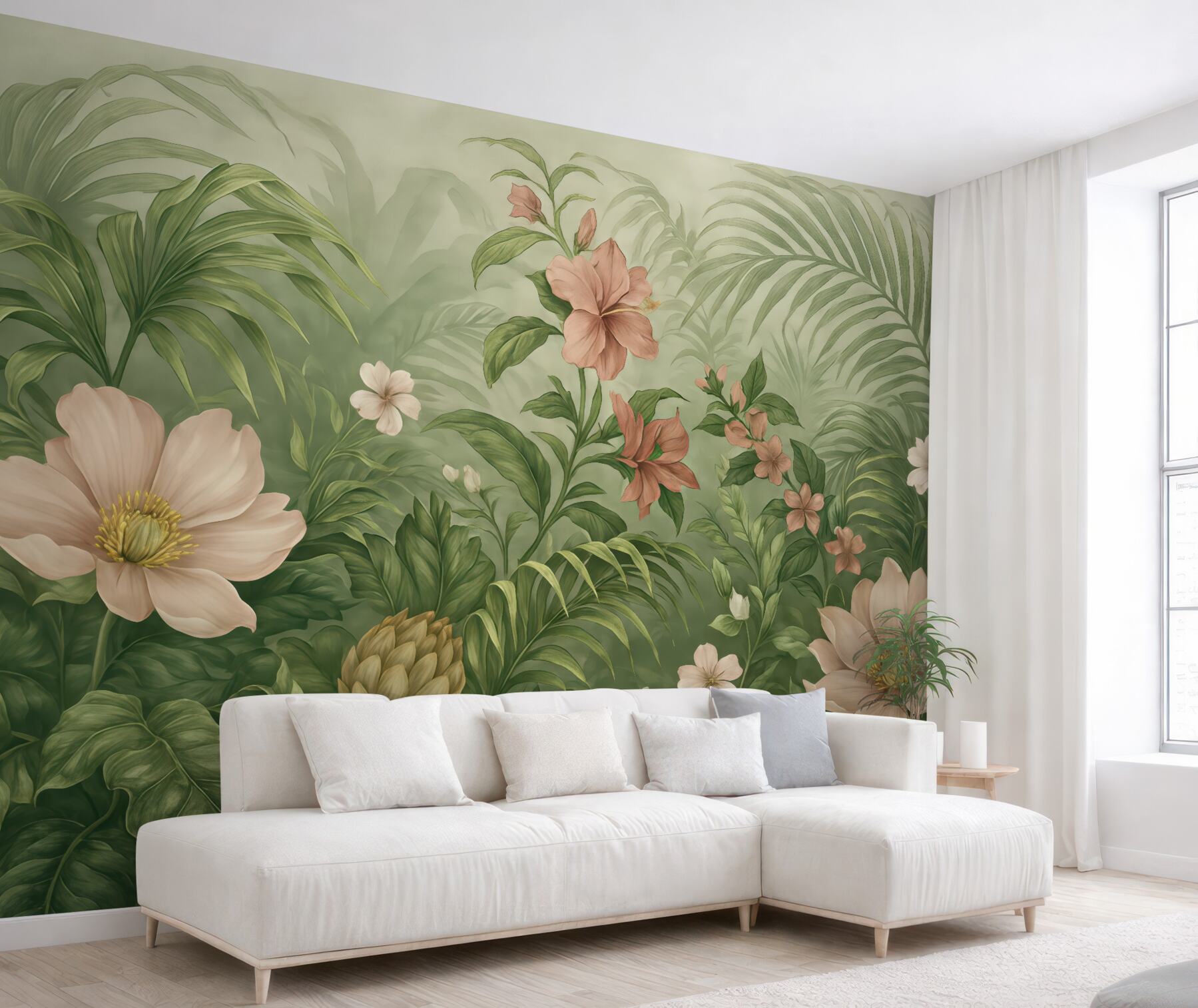 Fototapeta Tętniąca życiem tropikalna dżungla, soczyste liście palm oraz paprocie na pierwszym planie z kwiatami.