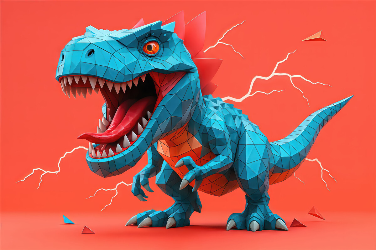 Fototapeta geometryczny turkusowy dinozaur na koralowym tle