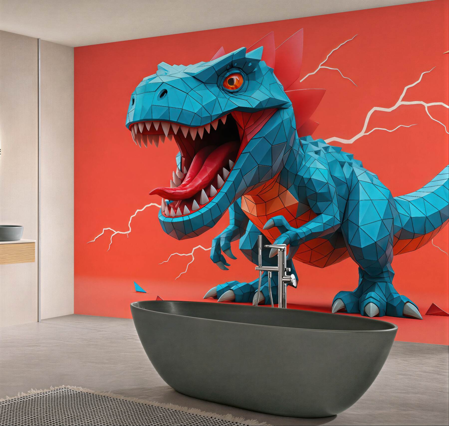 Fototapeta geometryczny turkusowy dinozaur na koralowym tle