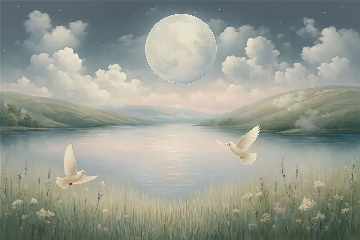 Fototapeta Urokliwy widok z jeziorem, łąką wypełnioną kwiatami, księżycem na nocnym, gwiaździstym niebie, fruwającymi ptakami oraz chmurami.