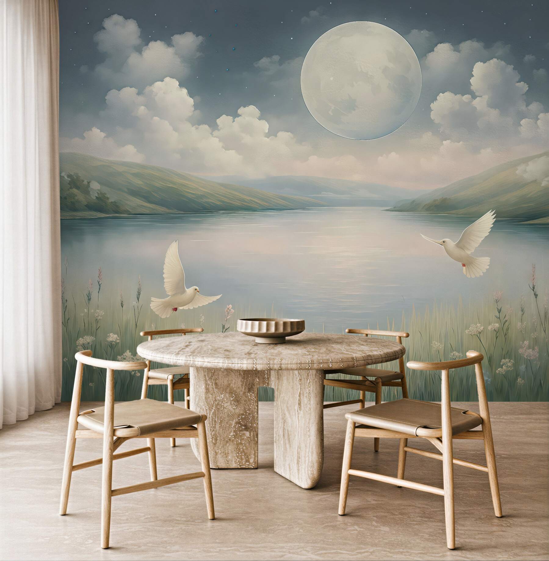 Fototapeta Urokliwy widok z jeziorem, łąką wypełnioną kwiatami, księżycem na nocnym, gwiaździstym niebie, fruwającymi ptakami oraz chmurami.