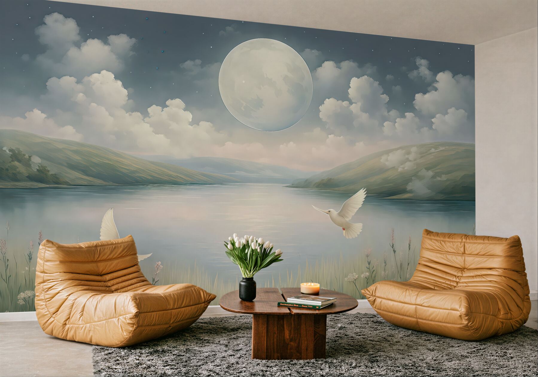 Fototapeta Urokliwy widok z jeziorem, łąką wypełnioną kwiatami, księżycem na nocnym, gwiaździstym niebie, fruwającymi ptakami oraz chmurami.